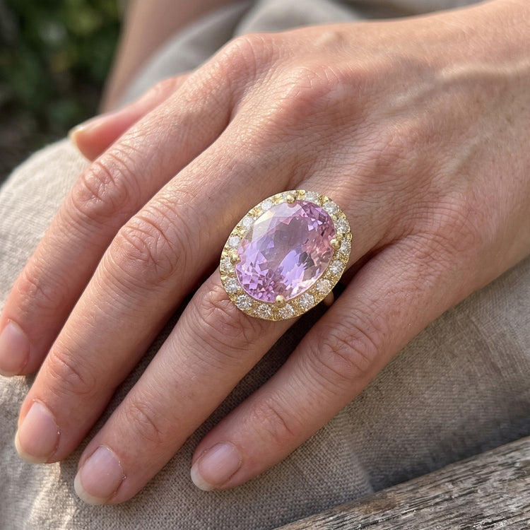Bague en or jaune 14K ovale rose Kunzite pierres précieuses bijoux 16 carats