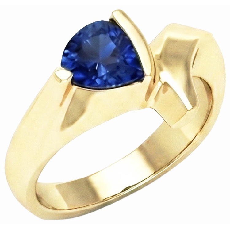 Bague en or jaune avec pierres précieuses en forme de trillion saphir de Ceylan 1 carat