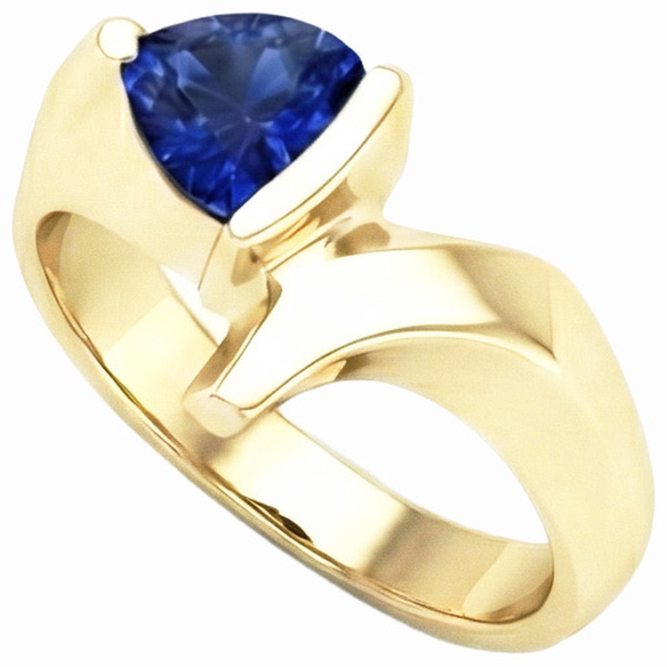 Bague en or jaune avec pierres précieuses en forme de trillion saphir de Ceylan 1 carat