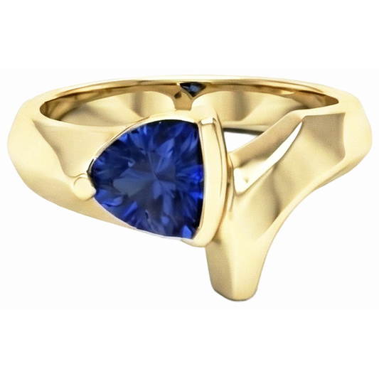 Bague en or jaune avec pierres précieuses en forme de trillion saphir de Ceylan 1 carat