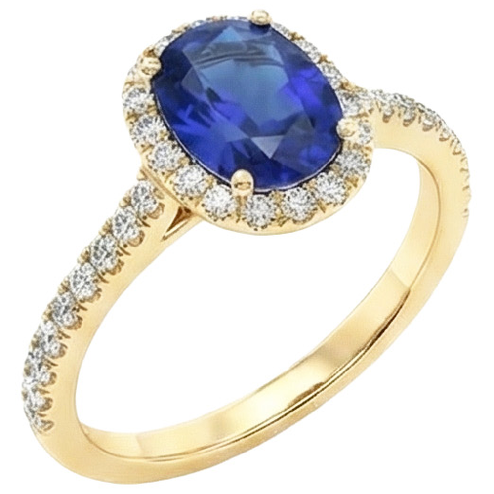 Bague en or jaune ovale saphir halo de diamants 11.25 carats 14K
