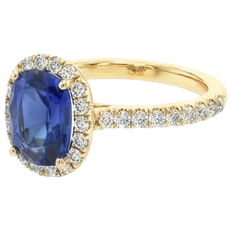 Bague en or jaune ovale saphir halo de diamants 11.25 carats 14K