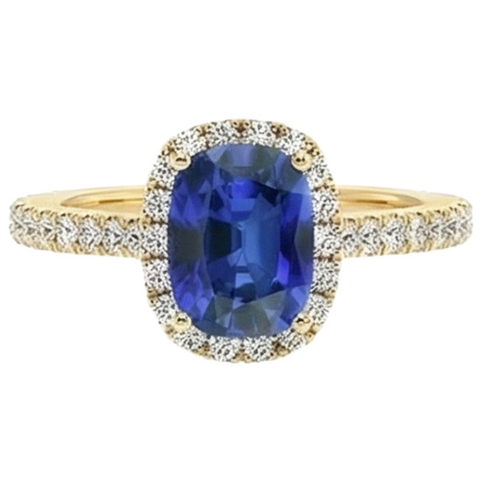 Bague en or jaune ovale saphir halo de diamants 11.25 carats 14K