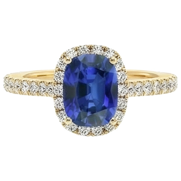 Bague en or jaune ovale saphir halo de diamants 11.25 carats 14K