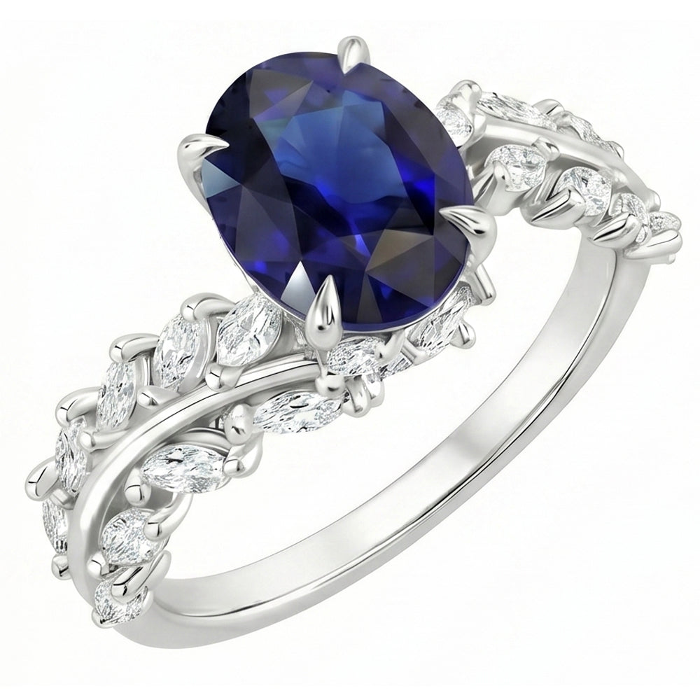 Bague en or pour femme Saphir de Ceylan ovale avec diamants marquise 4 carats