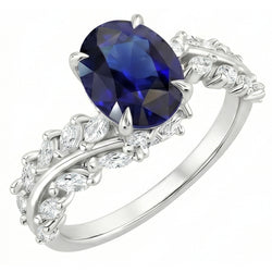 Bague en or pour femme Saphir de Ceylan ovale avec diamants marquise 4 carats