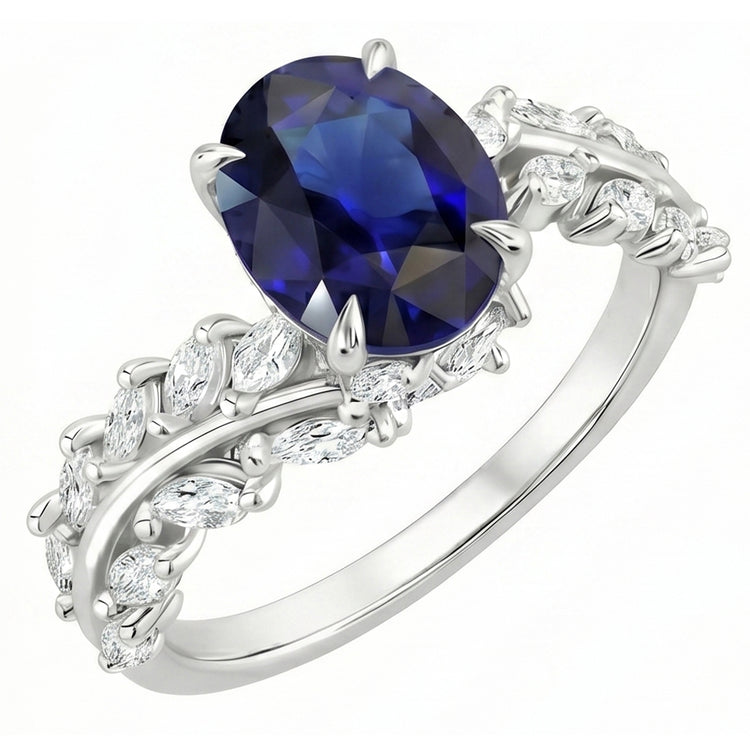Bague en or pour femme Saphir de Ceylan ovale avec diamants marquise 4 carats