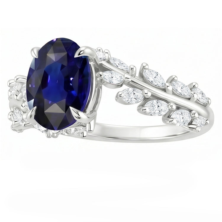 Bague en or pour femme Saphir de Ceylan ovale avec diamants marquise 4 carats