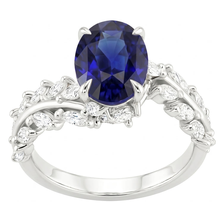 Bague en or pour femme Saphir de Ceylan ovale avec diamants marquise 4 carats