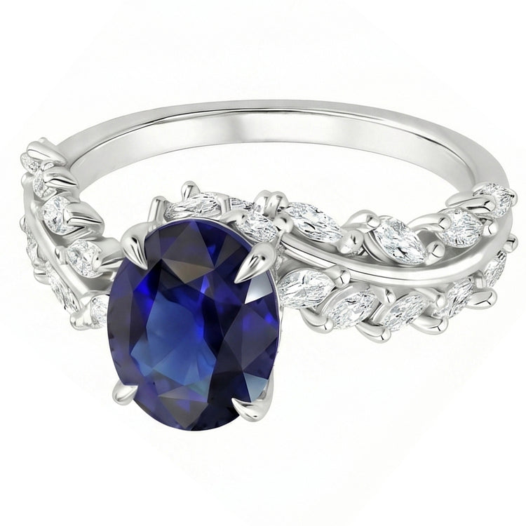 Bague en or pour femme Saphir de Ceylan ovale avec diamants marquise 4 carats