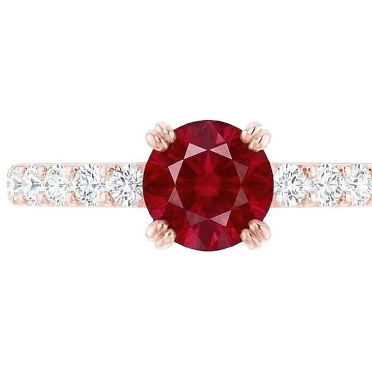 Bague en or rose 14 carats 2.50 carats à quatre griffes avec diamants ronds et rubis