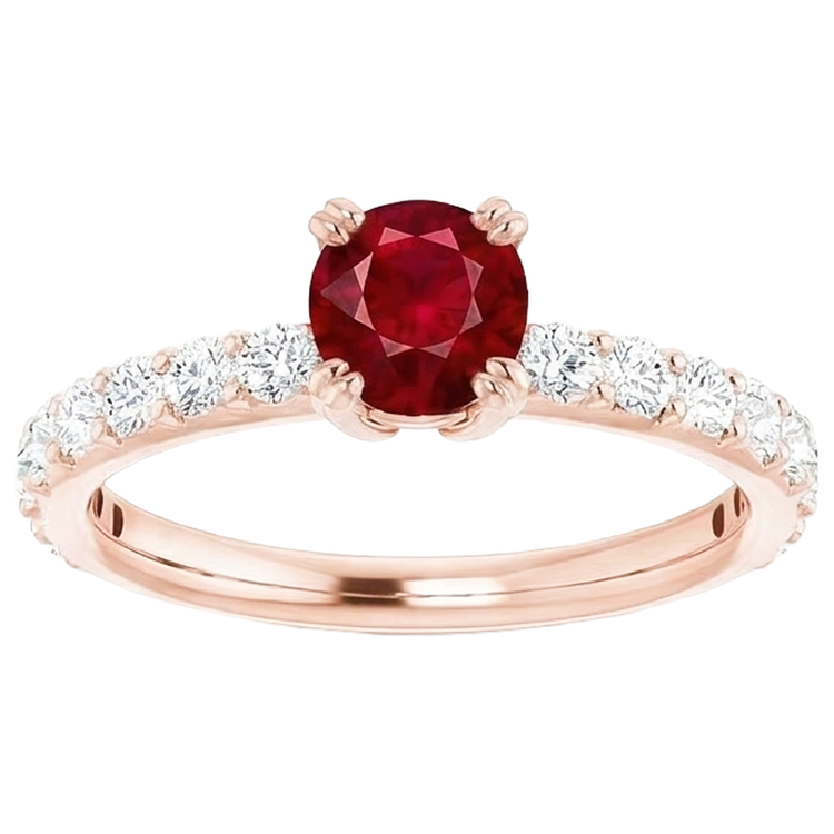 Bague en or rose 14 carats 2.50 carats à quatre griffes avec diamants ronds et rubis