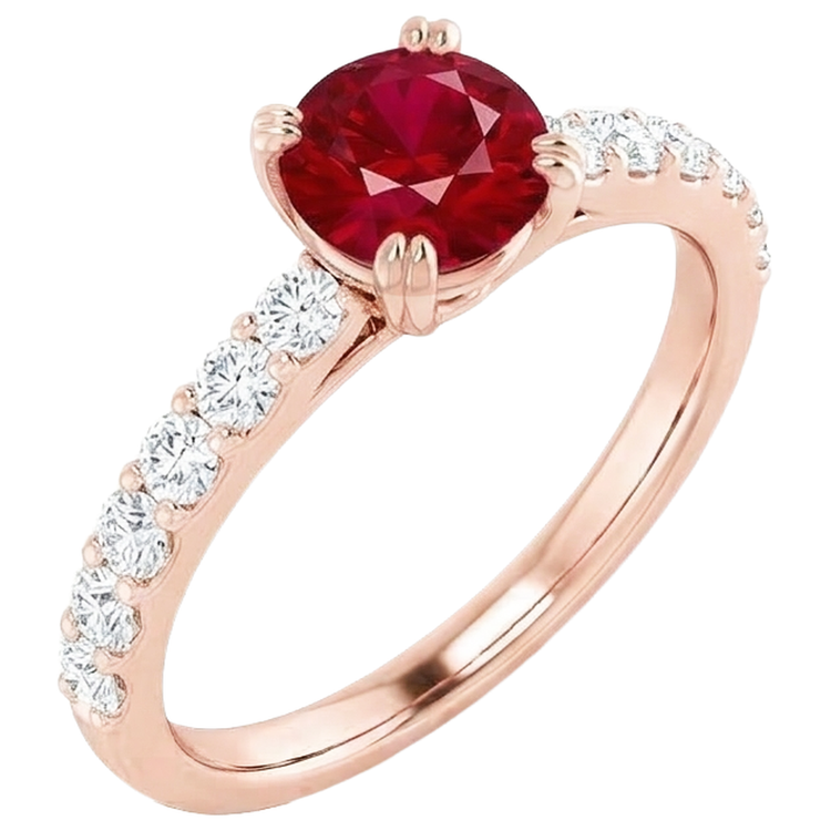 Bague en or rose 14 carats 2.50 carats à quatre griffes avec diamants ronds et rubis