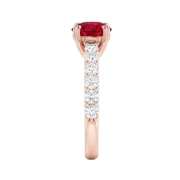 Bague en or rose 14 carats 2.50 carats à quatre griffes avec diamants ronds et rubis