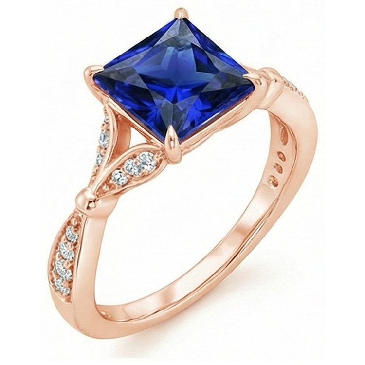Bague en or rose avec accents taille princesse saphir bleu 5.50 carats
