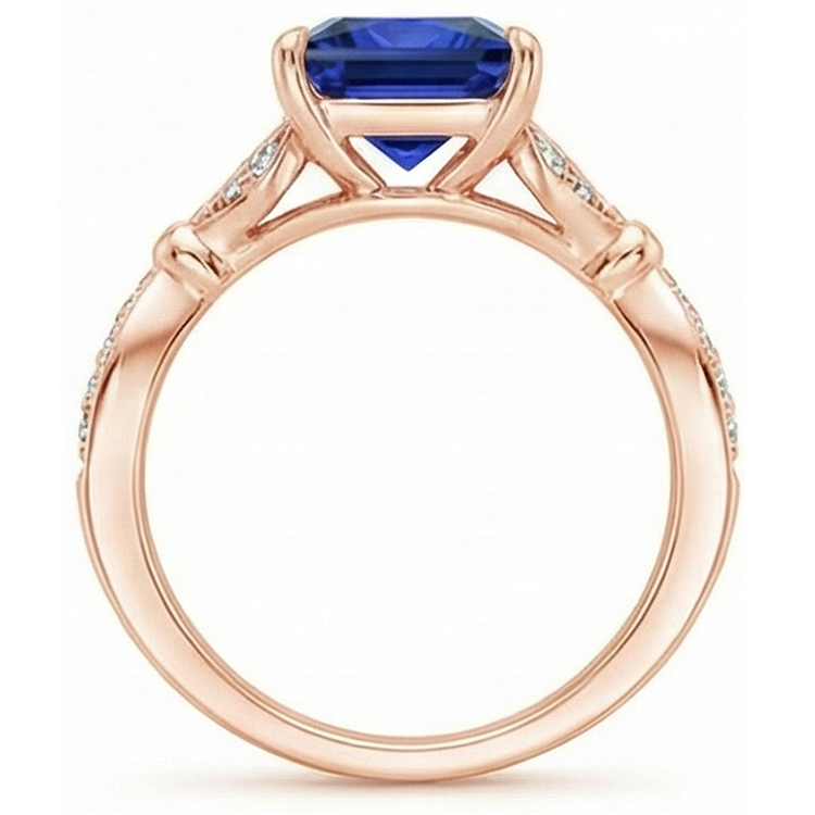 Bague en or rose avec accents taille princesse saphir bleu 5.50 carats