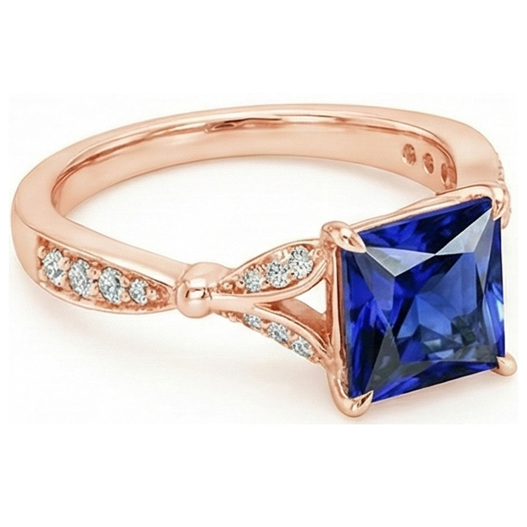 Bague en or rose avec accents taille princesse saphir bleu 5.50 carats