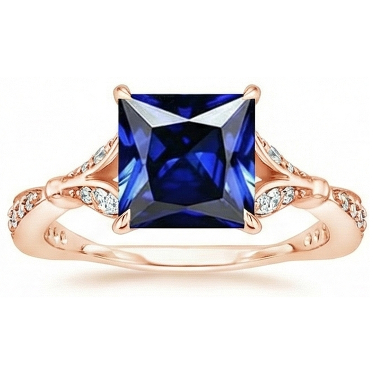 Bague en or rose avec accents taille princesse saphir bleu 5.50 carats