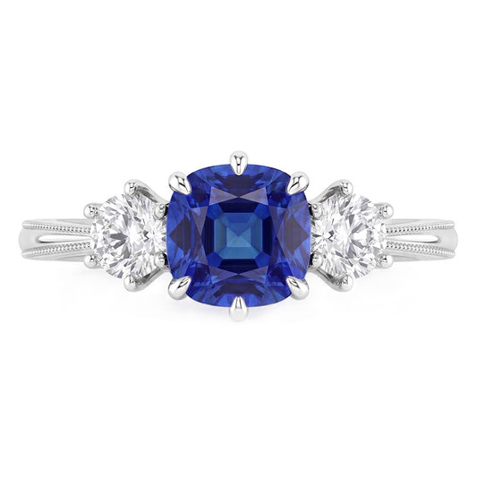 Bague en or trois pierres taille coussin saphir 2 carats bijoux dames