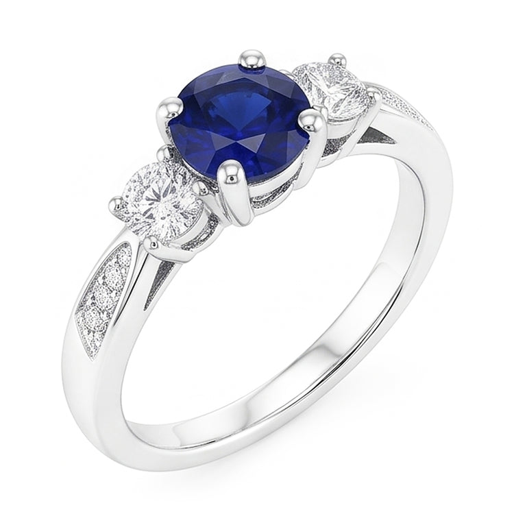 Bague en pierres précieuses de style 3 pierres rondes saphir du Sri Lanka 2 carats