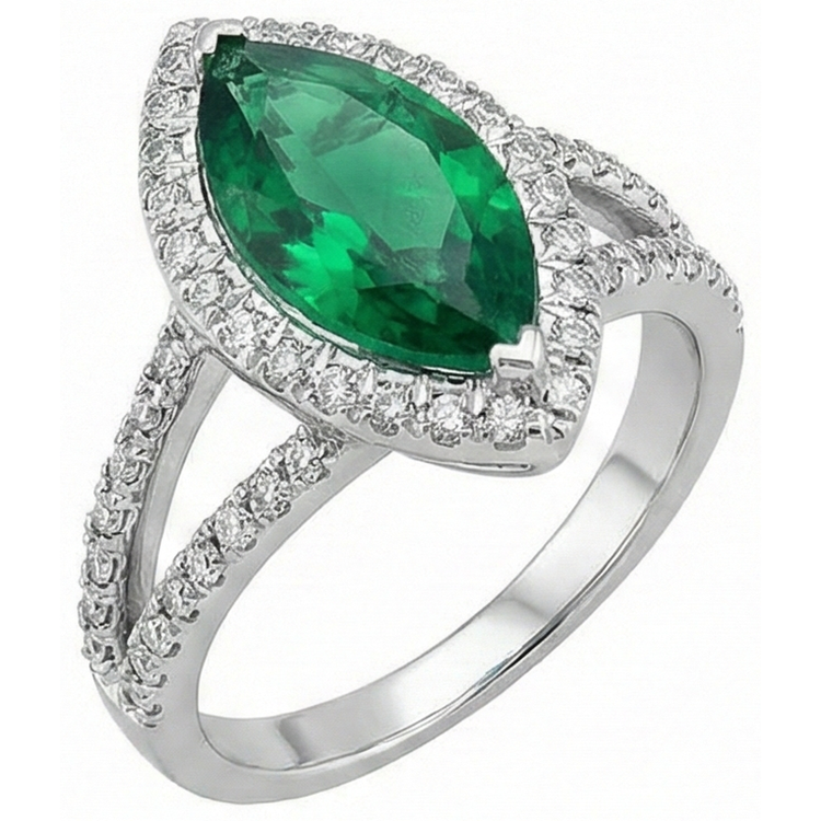 Bague en pierres précieuses émeraude Vert marquise 14K et diamants ronds 3.35 ct.