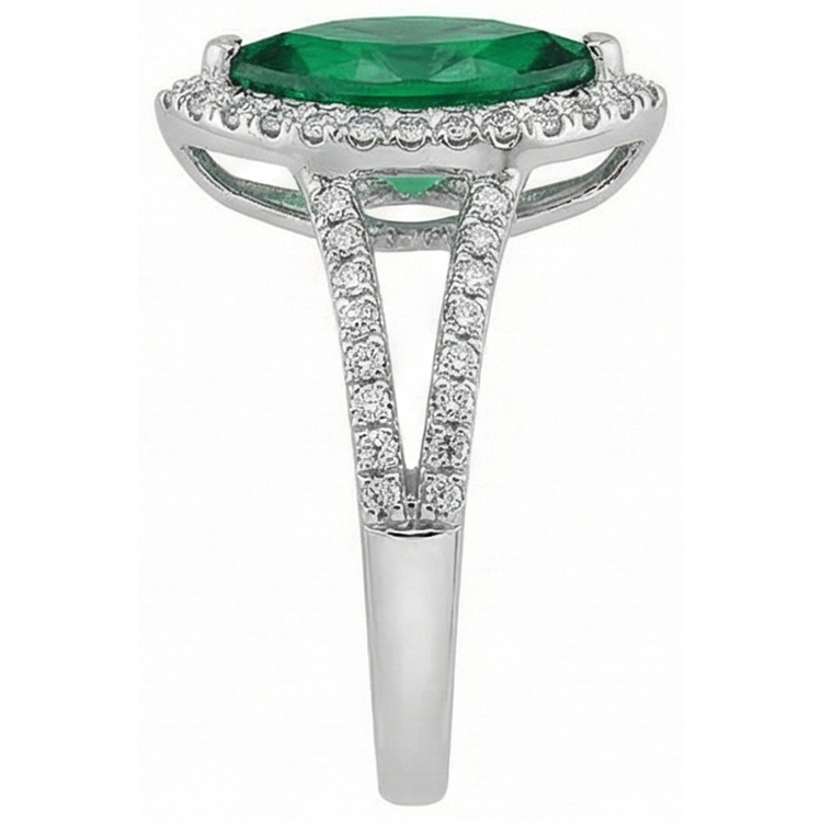Bague en pierres précieuses émeraude Vert marquise 14K et diamants ronds 3.35 ct.