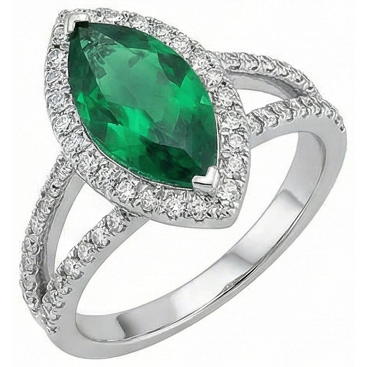 Bague en pierres précieuses émeraude Vert marquise 14K et diamants ronds 3.35 ct.