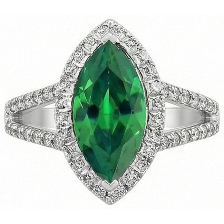 Bague en pierres précieuses émeraude Vert marquise 14K et diamants ronds 3.35 ct.