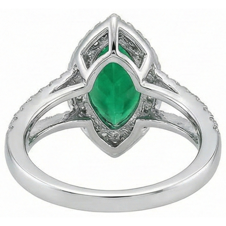 Bague en pierres précieuses émeraude Vert marquise 14K et diamants ronds 3.35 ct.