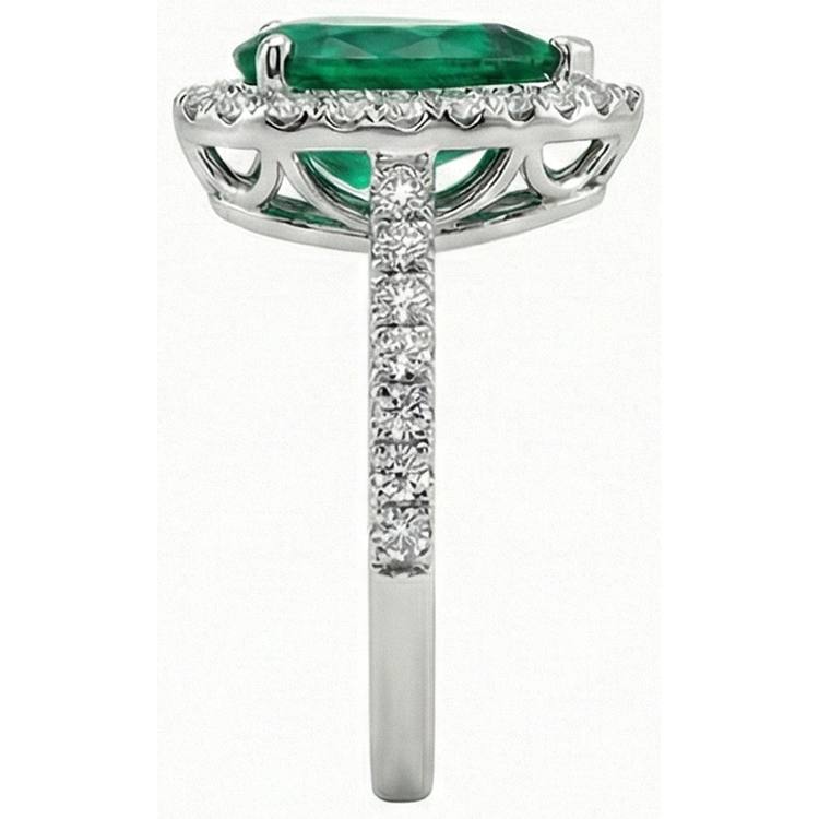 Bague en pierres précieuses émeraude vertes avec halo de diamants 3.75 carats en or blanc 14K
