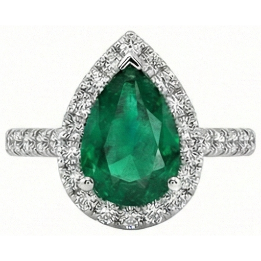 Bague en pierres précieuses émeraude vertes avec halo de diamants 3.75 carats en or blanc 14K