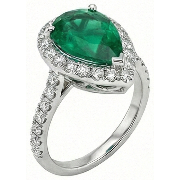 Bague en pierres précieuses émeraude vertes avec halo de diamants 3.75 carats en or blanc 14K