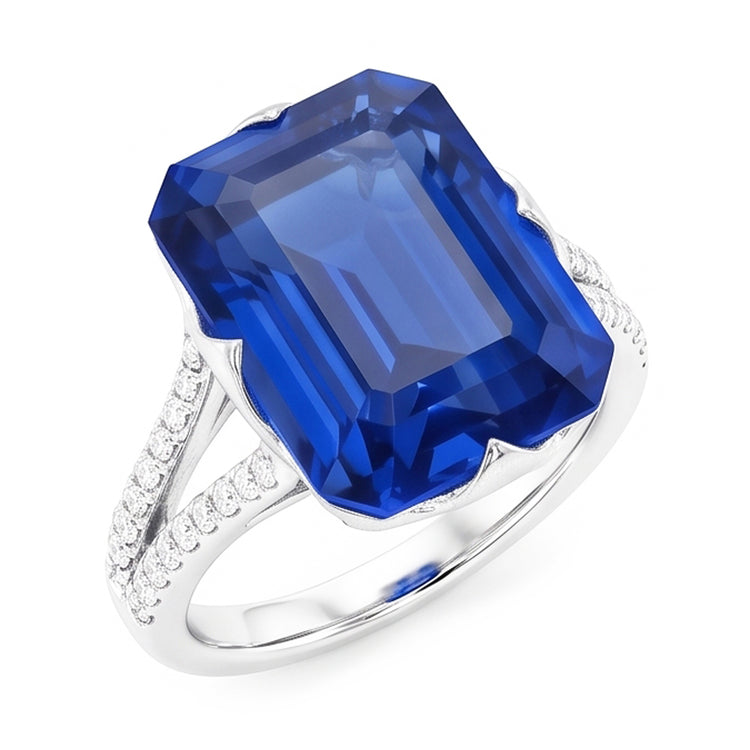 Bague en pierres précieuses saphir bleu émeraude tige fendue 5.50 carats bijoux