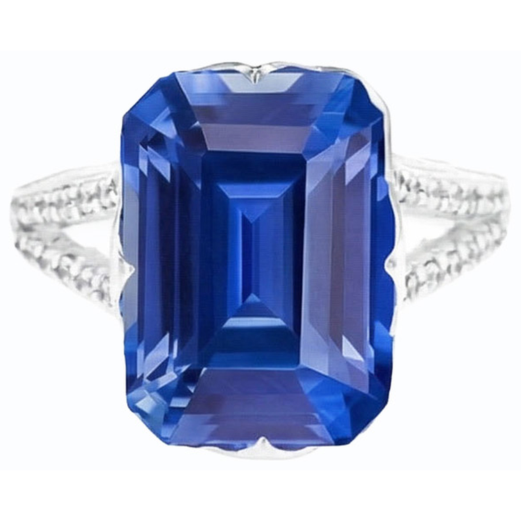 Bague en pierres précieuses saphir bleu émeraude tige fendue 5.50 carats bijoux