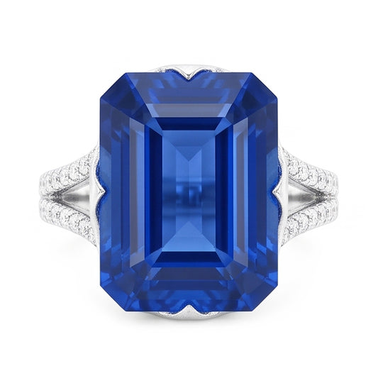 Bague en pierres précieuses saphir bleu émeraude tige fendue 5.50 carats bijoux