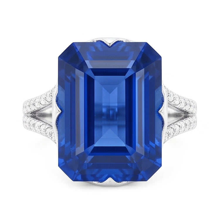 Bague en pierres précieuses saphir bleu émeraude tige fendue 5.50 carats bijoux