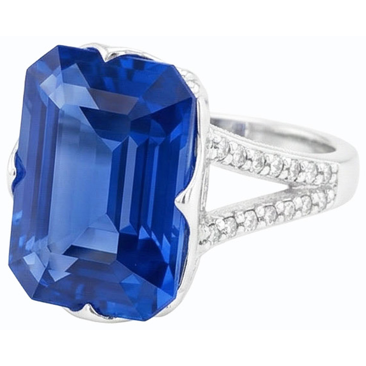 Bague en pierres précieuses saphir bleu émeraude tige fendue 5.50 carats bijoux