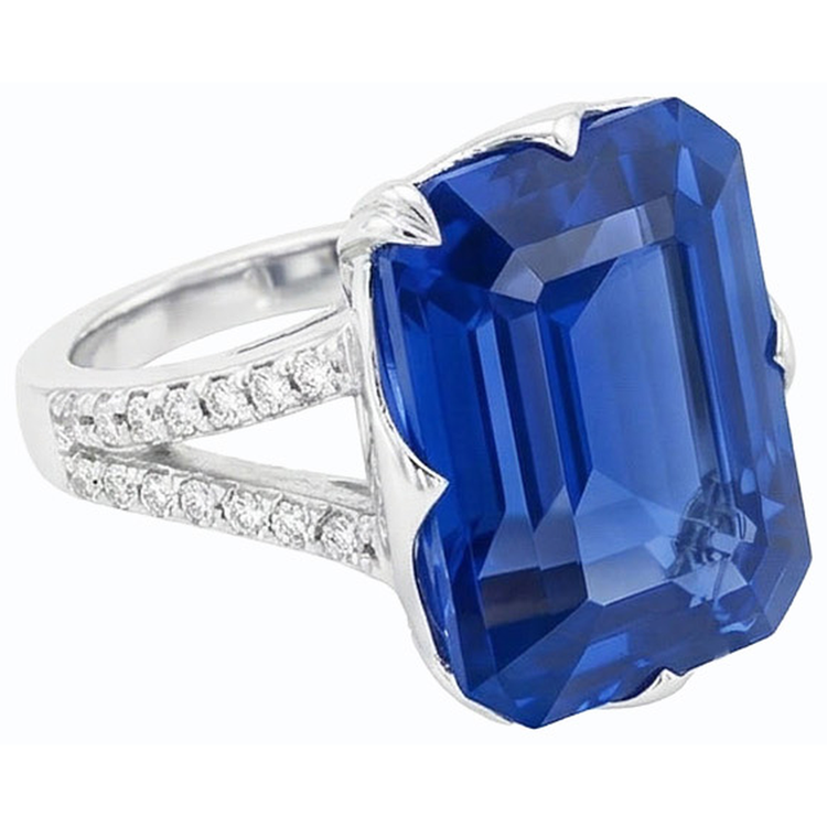 Bague en pierres précieuses saphir bleu émeraude tige fendue 5.50 carats bijoux