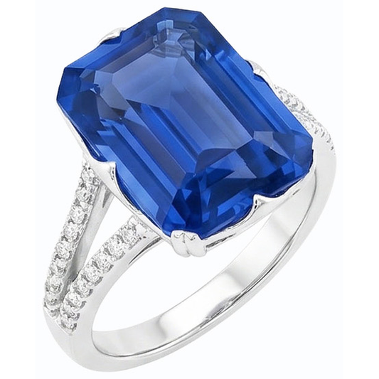 Bague en pierres précieuses saphir bleu émeraude tige fendue 5.50 carats bijoux