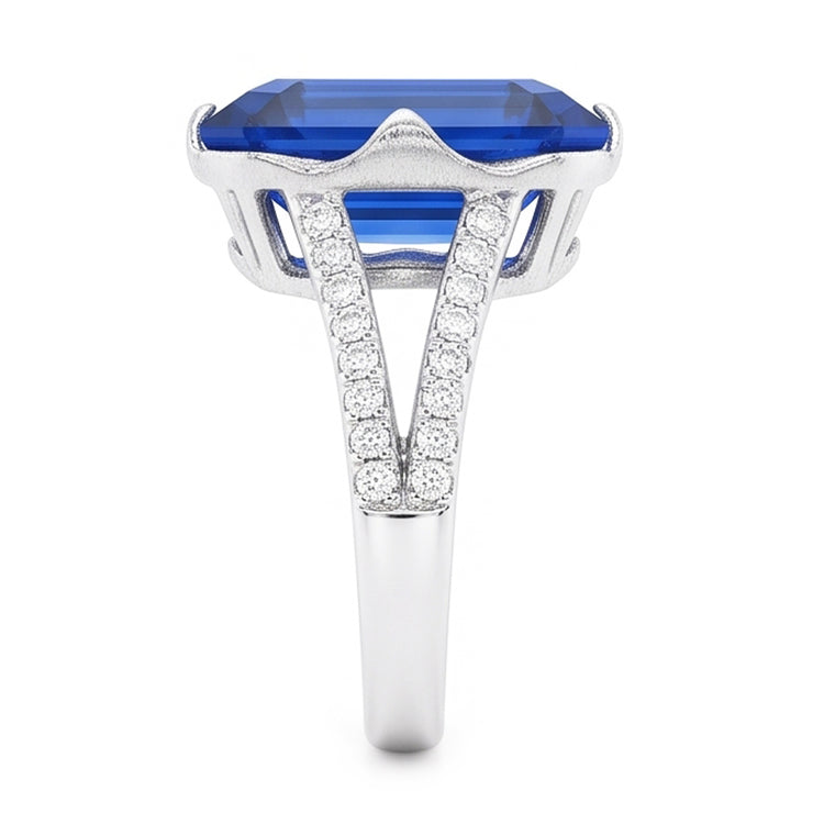 Bague en pierres précieuses saphir bleu émeraude tige fendue 5.50 carats bijoux