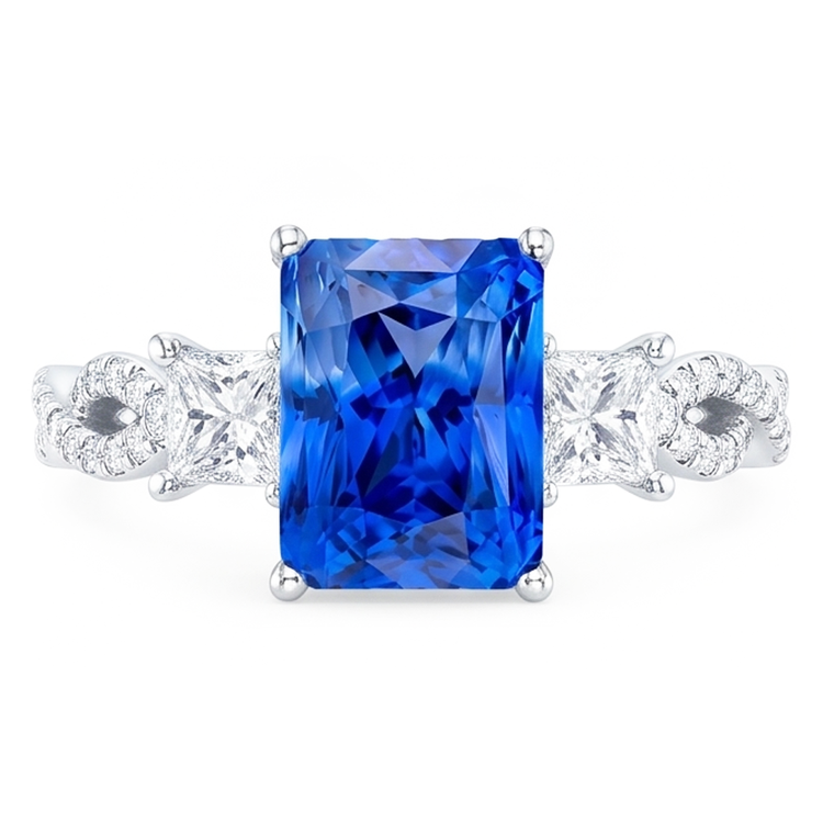 Bague en pierres précieuses saphir radieux 3 pierres style torsadé 3.50 carats