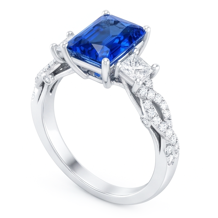 Bague en pierres précieuses saphir radieux 3 pierres style torsadé 3.50 carats