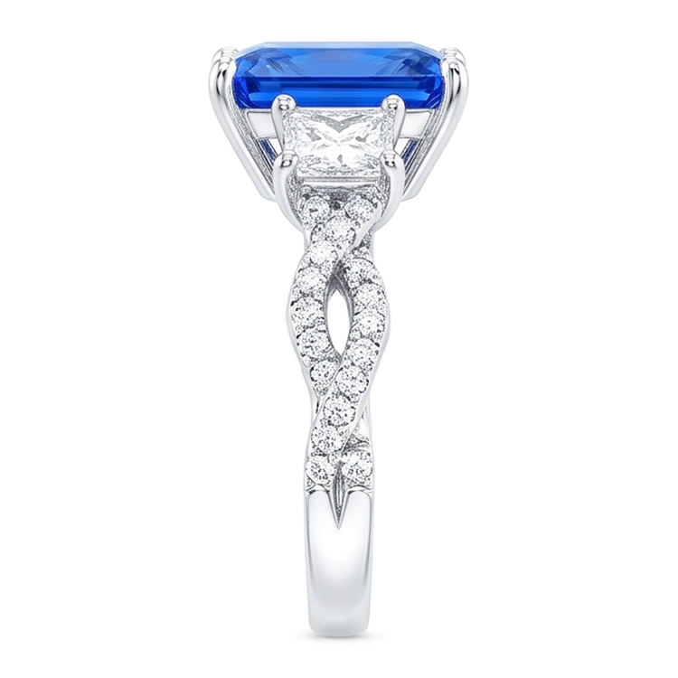 Bague en pierres précieuses saphir radieux 3 pierres style torsadé 3.50 carats