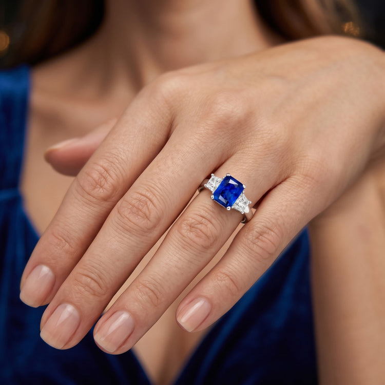 Bague en saphir bleu avec pierres précieuses de 2.50 carats. diamants éclatants étincelants