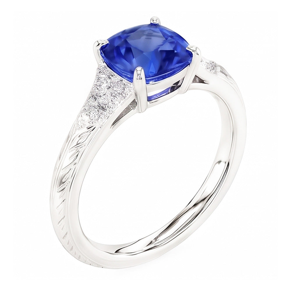 Bague en saphir bleu de coussin de bijoux de pierres précieuses de style antique 2 carats