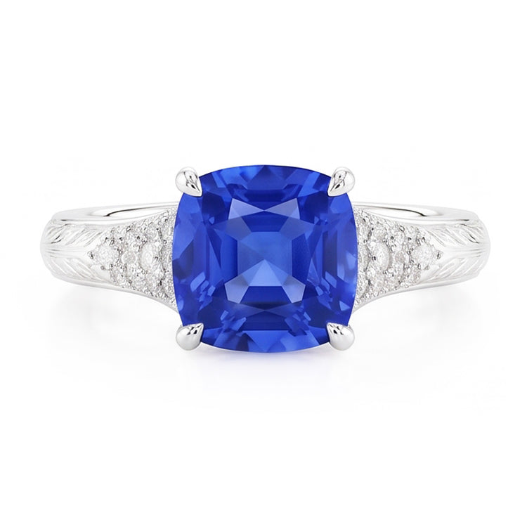 Bague en saphir bleu de coussin de bijoux de pierres précieuses de style antique 2 carats