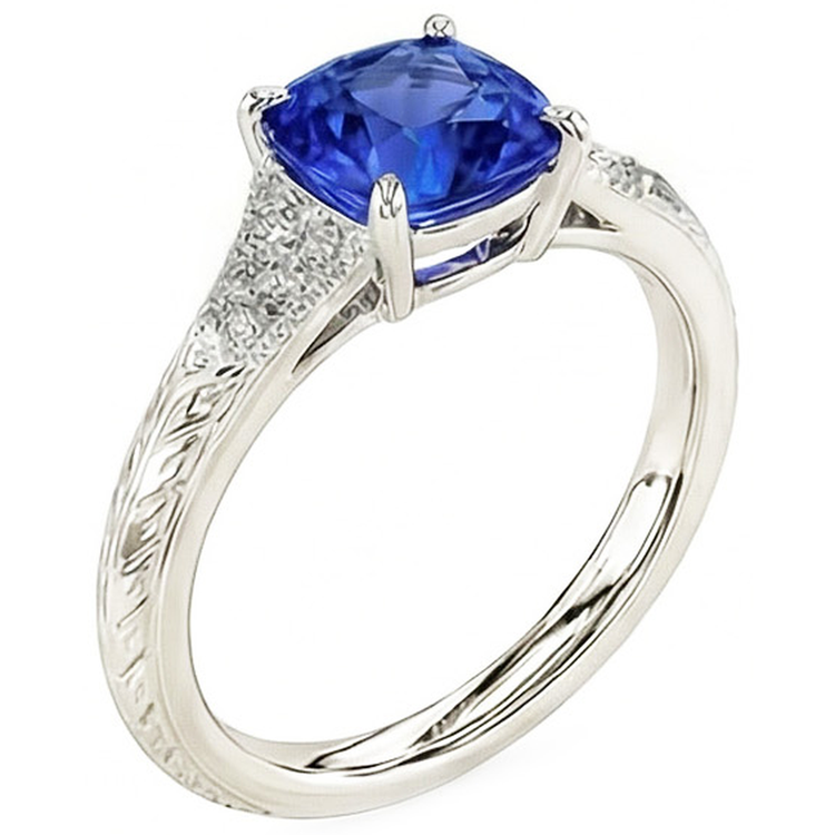 Bague en saphir bleu de coussin de bijoux de pierres précieuses de style antique 2 carats