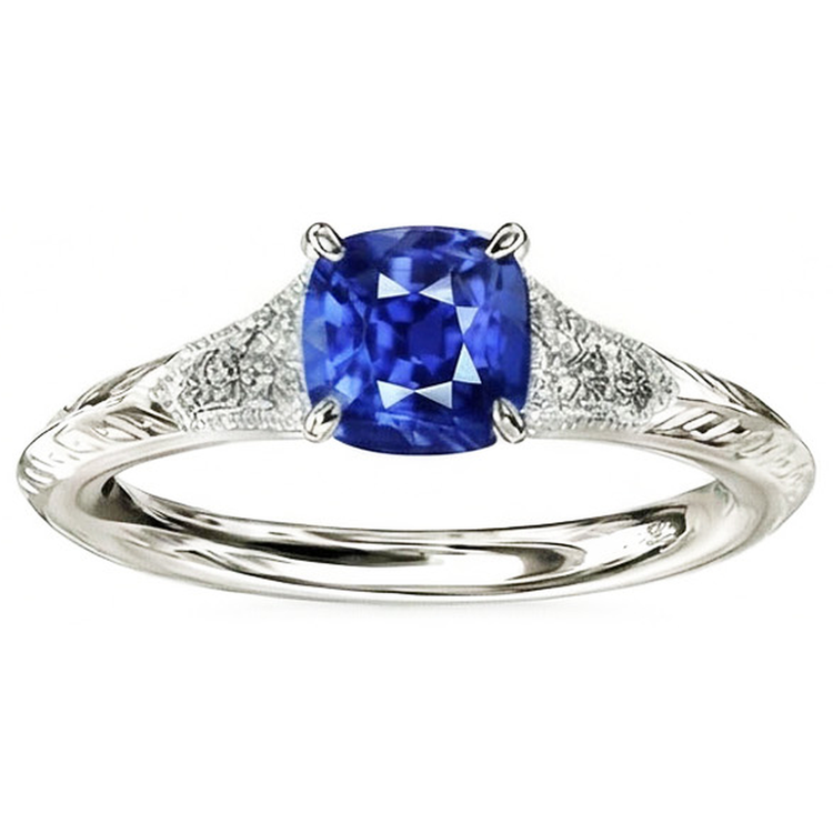 Bague en saphir bleu de coussin de bijoux de pierres précieuses de style antique 2 carats