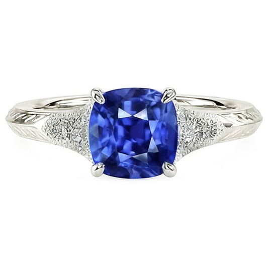 Bague en saphir bleu de coussin de bijoux de pierres précieuses de style antique 2 carats
