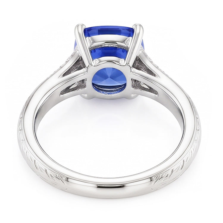 Bague en saphir bleu de coussin de bijoux de pierres précieuses de style antique 2 carats